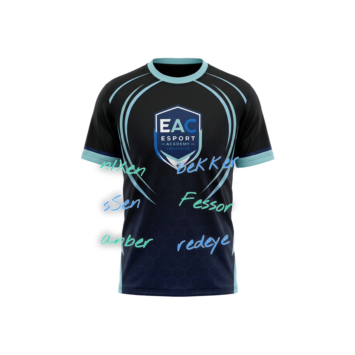 Sort EAC T-shirt med neonbelyste signaturer fra n1Xen, bekker, sSen, Fessor, anber og redeye
